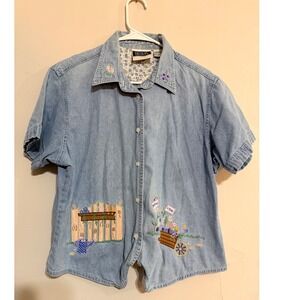 VTG Bill Blass Denim Cottagecore Embroidered Button Up  Women's Short Sleeve